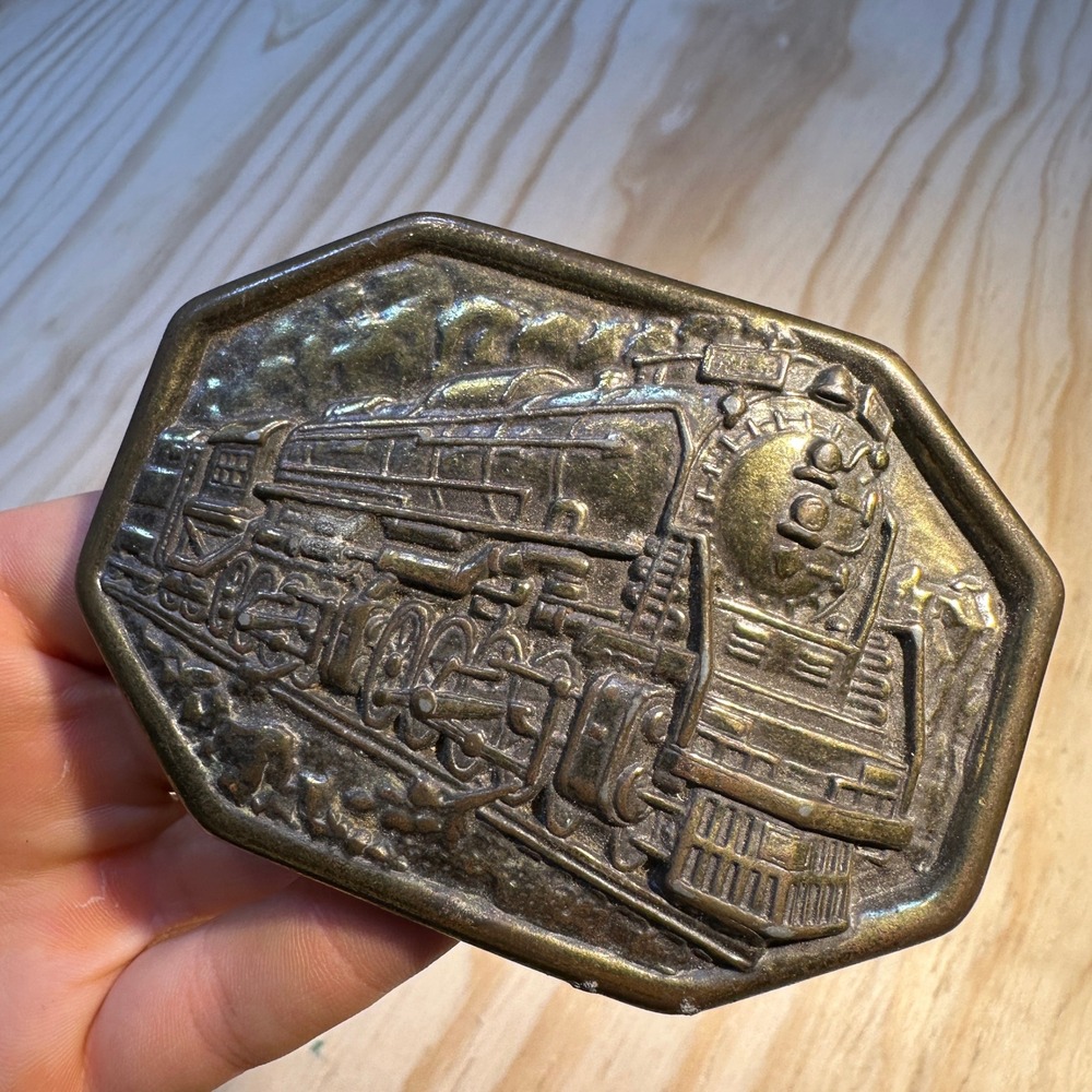 Avon Mens Brass Steam Engine Locomotive Train Belt Buckle Vintage Hexagon
